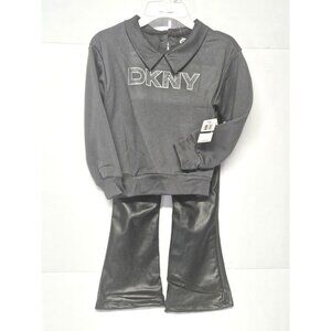 DKNY Girls Size 6 2Pc Outfit Sparkling Stone Logo Sweatshirt, Black Flared Pants